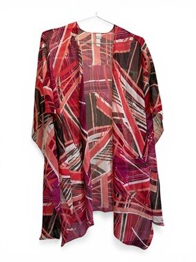 Chico’s Abstract Resortwear Cape Wrap OSFA Sheer Overlay Red Pink Black White